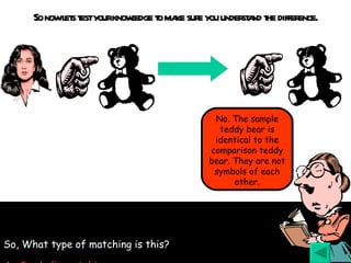 So now lets test your knowledge to make sure you understand the difference. So, What type of matching is this? A.  Symbolic matching B.  Identity matching No. The sample teddy bear is identical to the comparison teddy bear. They are not symbols of each other. 
