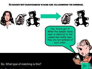 So now lets test your knowledge to make sure you understand the difference. So, What type of matching is this? A .  Symbolic matching B. Identity matching Yes, You’ve got it! When the sample teddy bear is identical to the comparison teddy bear, they are not symbols of each other. 