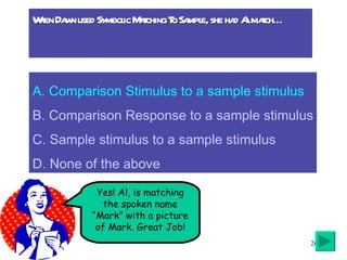 When Dawn used Symbolic Matching To Sample, she had Al match… Yes! Al, is matching the spoken name “Mark” with a picture of Mark. Great Job! A. Comparison Stimulus to a sample stimulus B. Comparison Response to a sample stimulus C. Sample stimulus to a sample stimulus D. None of the above 