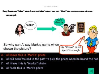 Al knows this is “Mark’s” photo Al has been trained in the past to pick the photo when he heard the name “Mark,” so he can also say the name when he sees the photo Al thinks this is “Mark’s” photo Al feels this is “Mark’s photo So why can Al say Mark’s name when shown the picture? No. “Knows” is not specific enough. So here is our theory… First, Dawn said “Mark” then Al touched Mark’s photo and said “Mark” but perhaps covertly (under his breath). “ MARK” “ Mark” Covertly 