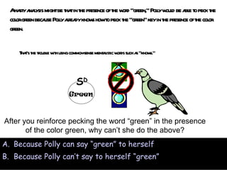 A hasty analysis might be that in the presence of the word “green,” Polly would be able to peck the color green because Polly already knows how to peck the “green” key in the presence of the color green. That’s the trouble with using common-sense mentalistic words such as “knows.”  Because Polly can say “green” to herself  Because Polly can’t say to herself “green” After you reinforce pecking the word “green” in the presence of the color green, why can’t she do the above? Green S D 