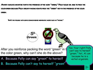 A hasty analysis might be that in the presence of the word “green,” Polly would be able to peck the color green because Polly already knows how to peck the “green” key in the presence of the color green. That’s the trouble with using common-sense mentalistic words such as “knows.”  After you reinforce pecking the word “green” in the presence of the color green, why can’t she do the above? Green Because Polly can say “green” to herself  Because Polly can’t say to herself “green” Yes. Your right! Polly can’t say to herself “green.” Yet, Al can because he is a verbal organism. S D 