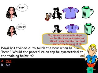 Dawn has trained Al to touch the bear when he hears “bear.” Would the procedure on top be symmetrical to the training below it? Yes No No, symmetrical relationships involve the same responses and stimuli, while the shirt was not part of the training at all. “ Bear” “ Shirt” 