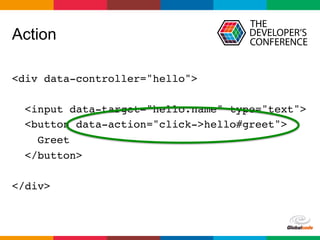 Globalcode	–	Open4education
Action
<div data-controller="hello">
<input data-target="hello.name" type="text">
<button data-action="click->hello#greet">
Greet
</button>
</div>
 