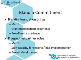 Blandin Commitment Blandin Foundation brings Match Grant management experience Broadband experience  Prospective partner roles Match Staff capacity for regional/local implementation Project development 