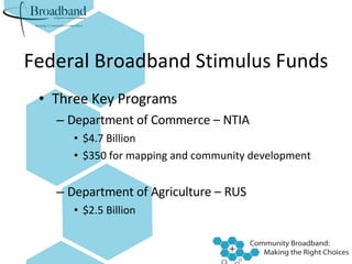 Federal Broadband Stimulus Funds Three Key Programs Department of Commerce – NTIA $4.7 Billion  $350 for mapping and community development Department of Agriculture – RUS $2.5 Billion 