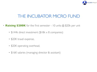 THE INCUBATOR MICRO FUND
•   Raising $200K for the ﬁrst semester - 10 units @ $20k per unit

      •   $144k direct investment ($18k x 8 companies)

      •   $20K travel expense,

      •   $20K operating overhead,

      •   $16K salaries (managing director & assistant)
 