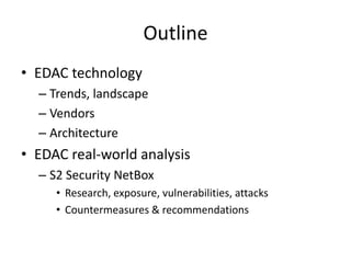OutlineEDAC technologyTrends, landscapeVendorsArchitectureEDAC real-world analysis S2 Security NetBoxResearch, exposure, vulnerabilities, attacksCountermeasures & recommendations