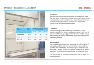 Ventilation
Ventilationssystemet er afgørende for, om stinkskabet virker.
Det skal skabe tiltrækkeligt undertryk og kunne reagere hurtigt
når hejseruden køres op, så der ikke slipper forurenet luft ud.
Ventilationsstyringen leveres sammen med skabet eller
bygges på af ventilationsentreprenøren.
Luftbehov
Som standard luftflow i stinkskabet anbefales 0,5 m/s i
lugeåbningen. Der er store energibesparelser at hente ved at
reducere luftflowet, og begge stinkskabsserier er efter mange
års udvikling geometrisk optimeret til at yde høj sikkerhed ved
lavere luftmængder.
Norm og test
Nye stinkskabe skal ifølge den gældende norm DS/EN 14175
testes på installationsstedet i forhold til den påtænkte brug.
Herefter skal sikkerheden eftervises en gang årligt eller ved
ændringer i brugen. Kvalifikationstesten udføres af en uvildig
specialist, der udsteder en rapport og et stinkskabscertifikat.
Det er et lovkrav, at stinkskabet er forsynet med en alarm for
ventilationssvigt.
STINKSKABE – DIN SIKKERHED I LABORATORIET
Drift
situation
Front
åbning
Luftmængde i m3/h ved 0,5 m/s
og skabsbredde:
120 cm 150 cm 180 cm
Grundventilation 10 cm 200 250 300
Normal drift 30 cm 600 760 920
Normal drift 50 cm 1000 1270 1540
07-01-2016 ALFA-OMEGA, KLINIK- OG LABORATORIEINDRETNING, FREDENSBORG – TLF. 44 53 77 71
 