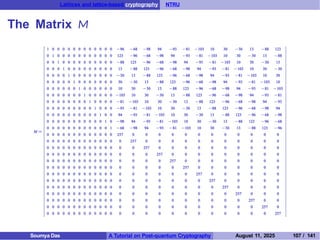 Lattices and lattice-based cryptography NTRU
The Matrix M
Soumya Das A Tutorial on Post-quantum Cryptography August 11, 2025 107 / 141
 
