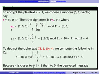 Lattices and lattice-based cryptography Regev cryptosystem
Example
To encrypt the plaintext x = 1, we choose a random {0, 1}-vector,
say
r = (1, 0, 1). Then the ciphertext is (y1 , y2) where
1 

5
y = (1, 0, 1)
4
8 10


9 1 mod 11 = (8, 3,
10)
2
3
3 6
0

7

 
y = (1, 0, 1) 4 + ⌊11/2⌋ mod 11 = 10 + 5 mod 11 = 4.
To decrypt the ciphertext ((8, 3, 10), 4), we compute the following in
Z11:
3

1

 
4 − (8, 3, 10) 2 = 4 − (8 + 6 + 30) mod 11 = 4.
11
2
Because 4 is closer to ⌊ ⌋ = 5 than to 0, the decrypted message
is 1.
Soumya Das A Tutorial on Post-quantum Cryptography August 11, 2025 115 / 141
 