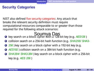 Introduction NIST standardization of post-quantum
cryptography
Security Categories
NIST also defined five security categories: Any attack that
breaks the relevant security definition must require
computational resources comparable to or greater than those
required for the following attack scenarios:
1 key search on a block cipher with a 128-bit key (e.g. AES128 )
collision search on a 256-bit hash function (e.g. SHA256/ SHA3-
256 ) key search on a block cipher with a 192-bit key (e.g.
AES192 ) collision search on a 384-bit hash function (e.g.
SHA384/ SHA3-384 ) key search on a block cipher with a 256-bit
key (e.g. AES 256 )
2
3
4
5
Soumya Das A Tutorial on Post-quantum Cryptography August 11, 2025 22 / 141
Soumya Das
 