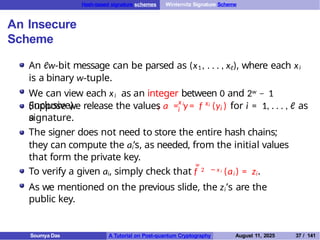 Hash-based signature schemes Winternitz Signature Scheme
An Insecure
Scheme
An ℓw-bit message can be parsed as (x1 , . . . , xℓ), where each xi
is a binary w-tuple.
We can view each xi as an integer between 0 and 2w − 1
(inclusive). i
x
i
i xi
i
Suppose we release the values a = y = f (y ) for i = 1, . . . , ℓ as
a
signature.
The signer does not need to store the entire hash chains;
they can compute the ai’s, as needed, from the initial values
that form the private key.
w
To verify a given ai, simply check that f 2 − x i (ai ) = zi.
As we mentioned on the previous slide, the zi’s are the
public key.
Soumya Das A Tutorial on Post-quantum Cryptography August 11, 2025 37 / 141
 