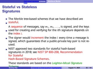 Hash-based signature schemes Multilevel Merkle
trees
Stateful vs Stateless
Signatures
The Merkle tree-based schemes that we have described are
stateful.
A sequence of messages, say m1, m2, . . . , is signed, and the keys
used for creating and verifying for the ith signature depends on
the index i.
The signer would increment the index i every time a message is
signed, which guarantees that a public-private key pair is not re-
used.
NIST approved two standards for stateful hash-based
signatures in 2018; see NIST SP 800-208, Recommendation
for Stateful
Hash-Based Signature Schemes.
These standards are based on the Leighton-Micali Signature
Scheme
Soumya Das A Tutorial on Post-quantum Cryptography August 11, 2025 53 / 141
 