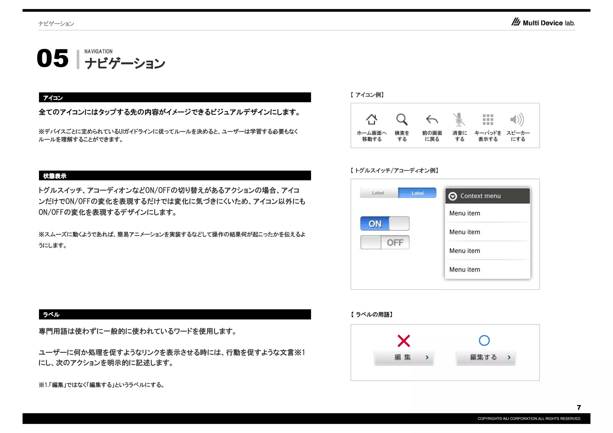 ナビゲーション




05
          NAVIGATION

          ナビゲーション

                                                     【 アイコン例】
アイコン

全てのアイコンにはタップする先の内容がイメージできるビジュアルデザインにします。

※デバイスごとに定められているUIガイドラインに従ってルールを決めると、ユーザーは学習する必要もなく    ホーム画面へ     検索を   前の画面   消音に   キーパッドを スピーカー
ルールを理解することができます。                                       移動する       する    に戻る    する    表示する   にする




                                                     【 トグルスイッチ/アコーディオン例】
状態表示

トグルスイッチ、アコーディオンなどON/OFFの切り替えがあるアクションの場合、アイコ
ンだけでON/OFFの変化を表現するだけでは変化に気づきにくいため、アイコン以外にも
ON/OFFの変化を表現するデザインにします。


※スムーズに動くようであれば、簡易アニメーションを実装するなどして操作の結果何が起こったかを伝えるよ
うにします。




ラベル                                                  【 ラベルの用語】

専門用語は使わずに一般的に使われているワードを使用します。

ユーザーに何か処理を促すようなリンクを表示させる時には、行動を促すような文言※1
                                                                 ×                  ○
にし、次のアクションを明示的に記述します。

※1.「編集」ではなく「編集する」というラベルにする。


                                                                                                                                7
                                                                                    COPYRIGHT© IMJ CORPORATION.ALL RIGHTS RESERVED.
 