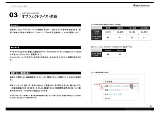 オブジェクトサイズ・余白




03
         OBJECT SIZE / WHITE SPACE

         オブジェクトサイズ・
         オブジェクトサイズ・余白

                                                      【 タッチ時の指先の面積の平均値 】 ※IMJ調べ
タッチエリア

誤操作によるユーザーのストレスを軽減するために、指のサイズの基準値を設けます。画
面に接触する指先の面積を11.125mm〜14.75mm平方を基準としてサイトを設計します。




ボタンサイズ                                                【 iPhone、Andoroid のガイドラインで定められている基本サイズ】


タッチエリアをピクセル変換した結果とiPhone、Androidのガイドラインで定められているピク
セル数から”42px～48px”を推奨します。
これより小さいサイズのボタンを作成する場合は、余白などを十分にとり、誤操作を防ぎま
す。




隣接するリンク要素間の
隣接するリンク要素間の余白
  するリンク要素間                                            【 リンク要素が隣接する例 】


誤操作で意図しない画面遷移をさせないため、隣接するリンク要素に十分な余白が必要で
す。

通常ユーザーは、奥を「天」手前を「地」として実機を手に取り操作するため、縦方向・下方
への接触領域が大きくなります。そのため、隣接するリンク要素間の縦方向には、リンク要
素の高さの50%〜100%の余白を設定しています。

※ボタンやサムネイル画像など、最大想定接地面積の３倍以上より大きなものは、誤操作が発生しにくいと考えら
れるため、余白をとらない場合があります。




                                                                                                                                 5
                                                                                     COPYRIGHT© IMJ CORPORATION.ALL RIGHTS RESERVED.
 