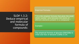 SLO# 1.3.2:
Deduce empirical
and molecular
formula of
compounds:
Empirical Formula:-
“ It is the simplest formula that gives the small
whole number ratio between the atoms of
diferent elements present in a compound.”
Example:-
The empirical formula of glucose (C6H12O6) is
CH2O and that of benzene (C6H6) is CH.
 
