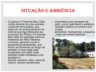 SITUAÇÃO E AMBIÊNCIA

• O acesso à Fazenda Boa Vista        • cimentado para secagem de
  é feito através de uma estrada        café, curral, galinheiro e estábulo.
  vicinal de terra batida, que          Também possui um pomar com
  parte de um entroncamento na          muitos
  rodovia que liga Miracema ao          jambeiros, mangueiras, coqueiros
  município de Palma. A Fazenda         , além de outras espécies
  Boa Vista foi repartida entre os      frutíferas.
  herdeiros de Altivo Mendes
  Linhares, gerando novas e
  pequenas propriedades, que
  foram se formando ao longo da
  estrada. A casa sede está
  localizada num platô onde
  também estão instaladas uma
  garagem e
  piscina, serraria, tulha, casa de
  colono, terreiro atualmente
 