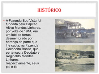 HISTÓRICO
• A Fazenda Boa Vista foi
  fundada pelo Capitão
  Altivo Mendes Linhares,
  por volta de 1914, em
  um lote de terras
  desmembrado por
  herança da parte que
  lhe cabia, na Fazenda
  Cachoeira Bonita, que
  pertenceu a Deodato e
  Reginaldo Mendes
  Linhares,
  respectivamente, seus
  pai e tio.
 