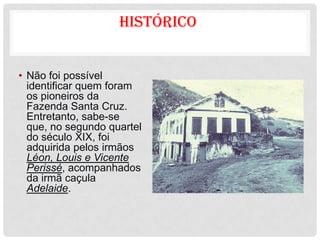 Histórico


• Não foi possível
  identificar quem foram
  os pioneiros da
  Fazenda Santa Cruz.
  Entretanto, sabe-se
  que, no segundo quartel
  do século XIX, foi
  adquirida pelos irmãos
  Léon, Louis e Vicente
  Perissé, acompanhados
  da irmã caçula
  Adelaide.
 