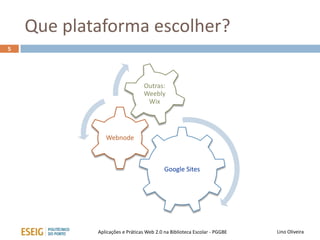 Criação de sítios web
Hoje em dia não é preciso instalar aplicações para
criar e gerir sítios web
A Web 2.0 coloca ao nosso dispor aplicações que nos
permitem fazer isso, bastando para tal um simples browser
Facilidades das aplicações Web 2.0 para criação de sítios web
• Fornecem ferramentas e alojamento gratuitos
• Dispõem planos pagos com funcionalidades e espaço adicionais
Lino OliveiraAplicações e Práticas Web 2.0 na Biblioteca Escolar - PGGBE
5
 