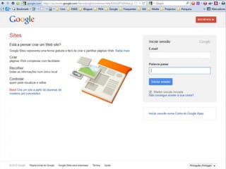 Que plataforma escolher?
Google Sites
Webnode
Outras:
Weebly
Wix
Lino OliveiraAplicações e Práticas Web 2.0 na Biblioteca Escolar - PGGBE
8
 