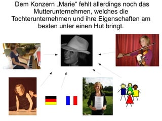 Dem Konzern „Marie“ fehlt allerdings noch das
       Mutterunternehmen, welches die
Tochterunternehmen und ihre Eigenschaften am
        besten unter einen Hut bringt.
 