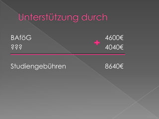 Unterstützung durchBAföG 					4600€???						4040€Studiengebühren 			8640€