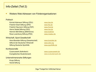 Info-Zettel (Teil 2) Weitere Web-Adressen von Förderorganisationen Politisch Konrad Adenauer Stiftung (CDU)  www.kas.de Friedrich Ebert Stiftung (SPD) www.fes.de Friedrich Naumann Stiftung (FDP) www.fnst.de Hanns Seidel Stiftung (CSU) www.hss.de Heinrich Böll Stiftung (B90/Grüne) www.boell.de Rosa Luxemburg Stiftung (PDS) www.rosalux.de Wirtschaft, Sport.Gesellschaft Hans-Boeckler-Stiftung (Gewerkschaft) www.boeckler.de Stiftund der Deutschen Wirtschaft www.sdw.org Stiftung Deutsche Sporthilfe www.sporthilfe.de Konfessionelle Cusanuswerk (Katholisch) www.cusanuswerk.de Evangelisches Studentenwerk www.evstudienwerk.de Unternehmensnahe Stiftungen Krupp Stiftung  Haniel Stiftung 