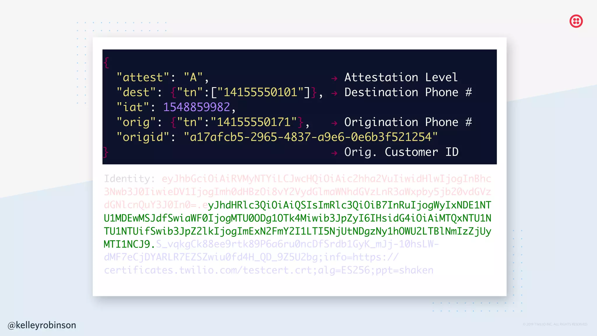 © 2019 TWILIO INC. ALL RIGHTS RESERVED.
dGNlcnQuY3J0In0=.eyJhdHRlc3QiOiAiQSIsImRlc3QiOiB7InRuIjogWyIxNDE1NT
U1MDEwMSJdfSwiaWF0IjogMTU0ODg1OTk4Miwib3JpZyI6IHsidG4iOiAiMTQxNTU1N
TU1NTUifSwib3JpZ2lkIjogImExN2FmY2I1LTI5NjUtNDgzNy1hOWU2LTBlNmIzZjUy
MTI1NCJ9.
INVITE sip:14151234567@twilio.com:5060 SIP/2.0
Via: SIP/2.0/UDP example.com:5060
From: "Alice" sip:14155555555@5.6.7.8:5060;tag=123456789
To: "Bob" sip:14155550101@1.2.3.4:5060
Call-ID: 1-12345@5.6.7.8
CSeq: 1 INVITE
Max-Forwards: 70
Identity: eyJhbGciOiAiRVMyNTYiLCJwcHQiOiAic2hha2VuIiwidHlwIjogInBhc
3Nwb3J0IiwieDV1IjogImh0dHBzOi8vY2VydGlmaWNhdGVzLnR3aWxpby5jb20vdGVz
dGNlcnQuY3J0In0=.eyJhdHRlc3QiOiAiQSIsImRlc3QiOiB7InRuIjogWyIxNDE1NT
U1MDEwMSJdfSwiaWF0IjogMTU0ODg1OTk4Miwib3JpZyI6IHsidG4iOiAiMTQxNTU1N
TU1NTUifSwib3JpZ2lkIjogImExN2FmY2I1LTI5NjUtNDgzNy1hOWU2LTBlNmIzZjUy
MTI1NCJ9.S_vqkgCk88ee9rtk89P6a6ru0ncDfSrdb1GyK_mJj-10hsLW-
dMF7eCjDYARLR7EZSZwiu0fd4H_QD_9Z5U2bg;info=https://
certificates.twilio.com/testcert.crt;alg=ES256;ppt=shaken
{
"attest": "A", " Attestation Level
"dest": {"tn":["14155550101"]}, " Destination Phone #
"iat": 1548859982,
"orig": {"tn":"14155550171"}, " Origination Phone #
"origid": "a17afcb5-2965-4837-a9e6-0e6b3f521254"
} " Orig. Customer ID
@kelleyrobinson
 