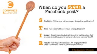 When do you STIR a
  Facebook post?
S   Shelf-Life - Will the post still be relevant 4 days from publication?



T   Time - Has it been at least 6 hours since publication?



I   Impact - Does the post include a link or other call-to-action that
    creates desirable customer behaviors (beyond a simple “like”)?



R   Results - Has the post exceeded a 1% engagement rate
    (likes + comments + shares, divided by total fans)?

                                          4 Yes Answers = Promote
 