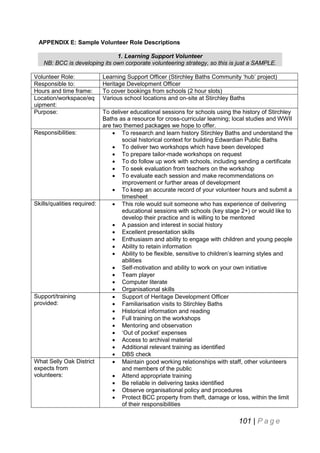 APPENDIX E: Sample Volunteer Role Descriptions
1. Learning Support Volunteer
NB: BCC is developing its own corporate volunteering strategy, so this is just a SAMPLE.
Volunteer Role:
Responsible to:
Hours and time frame:
Location/workspace/eq
uipment:
Purpose:

Responsibilities:

Skills/qualities required:

Support/training
provided:

What Selly Oak District
expects from
volunteers:

Learning Support Officer (Stirchley Baths Community ‘hub’ project)
Heritage Development Officer
To cover bookings from schools (2 hour slots)
Various school locations and on-site at Stirchley Baths
To deliver educational sessions for schools using the history of Stirchley
Baths as a resource for cross-curricular learning; local studies and WWII
are two themed packages we hope to offer.
 To research and learn history Stirchley Baths and understand the
social historical context for building Edwardian Public Baths
 To deliver two workshops which have been developed
 To prepare tailor-made workshops on request
 To do follow up work with schools, including sending a certificate
 To seek evaluation from teachers on the workshop
 To evaluate each session and make recommendations on
improvement or further areas of development
 To keep an accurate record of your volunteer hours and submit a
timesheet
 This role would suit someone who has experience of delivering
educational sessions with schools (key stage 2+) or would like to
develop their practice and is willing to be mentored
 A passion and interest in social history
 Excellent presentation skills
 Enthusiasm and ability to engage with children and young people
 Ability to retain information
 Ability to be flexible, sensitive to children’s learning styles and
abilities
 Self-motivation and ability to work on your own initiative
 Team player
 Computer literate
 Organisational skills
 Support of Heritage Development Officer
 Familiarisation visits to Stirchley Baths
 Historical information and reading
 Full training on the workshops
 Mentoring and observation
 ‘Out of pocket’ expenses
 Access to archival material
 Additional relevant training as identified
 DBS check
 Maintain good working relationships with staff, other volunteers
and members of the public
 Attend appropriate training
 Be reliable in delivering tasks identified
 Observe organisational policy and procedures
 Protect BCC property from theft, damage or loss, within the limit
of their responsibilities

101 | P a g e

 