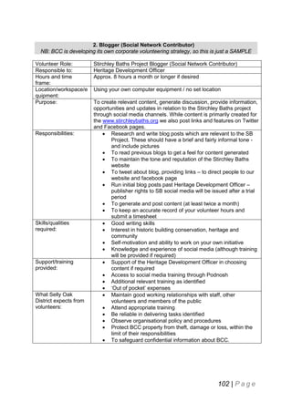 2. Blogger (Social Network Contributor)
NB: BCC is developing its own corporate volunteering strategy, so this is just a SAMPLE
Volunteer Role:
Responsible to:
Hours and time
frame:
Location/workspace/e
quipment:
Purpose:

Responsibilities:

Skills/qualities
required:

Support/training
provided:

What Selly Oak
District expects from
volunteers:

Stirchley Baths Project Blogger (Social Network Contributor)
Heritage Development Officer
Approx. 8 hours a month or longer if desired
Using your own computer equipment / no set location
To create relevant content, generate discussion, provide information,
opportunities and updates in relation to the Stirchley Baths project
through social media channels. While content is primarily created for
the www.stirchleybaths.org we also post links and features on Twitter
and Facebook pages.
 Research and write blog posts which are relevant to the SB
Project. These should have a brief and fairly informal tone and include pictures
 To read previous blogs to get a feel for content generated
 To maintain the tone and reputation of the Stirchley Baths
website
 To tweet about blog, providing links – to direct people to our
website and facebook page
 Run initial blog posts past Heritage Development Officer –
publisher rights to SB social media will be issued after a trial
period
 To generate and post content (at least twice a month)
 To keep an accurate record of your volunteer hours and
submit a timesheet
 Good writing skills
 Interest in historic building conservation, heritage and
community
 Self-motivation and ability to work on your own initiative
 Knowledge and experience of social media (although training
will be provided if required)
 Support of the Heritage Development Officer in choosing
content if required
 Access to social media training through Podnosh
 Additional relevant training as identified
 ‘Out of pocket’ expenses
 Maintain good working relationships with staff, other
volunteers and members of the public
 Attend appropriate training
 Be reliable in delivering tasks identified
 Observe organisational policy and procedures
 Protect BCC property from theft, damage or loss, within the
limit of their responsibilities
 To safeguard confidential information about BCC.

102 | P a g e

 