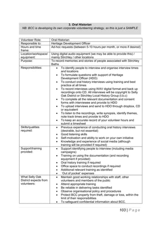 3. Oral Historian
NB: BCC is developing its own corporate volunteering strategy, so this is just a SAMPLE

Volunteer Role:
Responsible to:
Hours and time
frame:
Location/workspace/
equipment:
Purpose:
Responsibilities:

Skills/qualities
required:

Support/training
provided:

What Selly Oak
District expects from
volunteers:

Oral Historian
Heritage Development Officer
Ad-hoc requests (between 5-10 hours per month, or more if desired)
Using digital audio equipment (we may be able to provide this) /
mainly Stirchley / other locations
To record memories and stories of people associated with Stirchley
Baths
 To identify people to interview and organise interview times
and locations
 To formulate questions with support of Heritage
Development Officer (HDO)
 To conduct oral history interviews using training and best
practice at all times
 To record interviews using WAV digital format and back up
recordings onto CD. All interviews will be copyright to Selly
Oak District or Stirchley Local History Group (t.b.c)
 To complete all the relevant documentation and consent
forms with interviewee and provide to HDO
 To upload interviews and send to HDO through dropbox, CD
or equivalent
 To listen to the recordings, write synopsis, identify themes,
note track times and provide to HDO
 To keep an accurate record of your volunteer hours and
submit a timesheet
 Previous experience of conducting oral history interviews
(desirable, but not essential)
 Good listening skills
 Self-motivation and ability to work on your own initiative
 Knowledge and experience of social media (although
training will be provided if required)
 Support identifying people to interview (including media
campaigns)
 Training on using the documentation (and recording
equipment if provided)
 Oral history training if required
 Office space to conduct recordings if required
 Additional relevant training as identified
 ‘Out of pocket’ expenses
 Maintain good working relationships with staff, other
volunteers and members of the public
 Attend appropriate training
 Be reliable in delivering tasks identified
 Observe organisational policy and procedures
 Protect BCC property from theft, damage or loss, within the
limit of their responsibilities
 To safeguard confidential information about BCC.

103 | P a g e

 