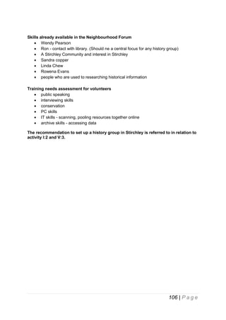 Skills already available in the Neighbourhood Forum
 Wendy Pearson
 Ron - contact with library. (Should ne a central focus for any history group)
 A Stirchley Community and interest in Stirchley
 Sandra copper
 Linda Chew
 Rowena Evans
 people who are used to researching historical information
Training needs assessment for volunteers
 public speaking
 interviewing skills
 conservation
 PC skills
 IT skills - scanning, pooling resources together online
 archive skills - accessing data
The recommendation to set up a history group in Stirchley is referred to in relation to
activity I:2 and V:3.

106 | P a g e

 