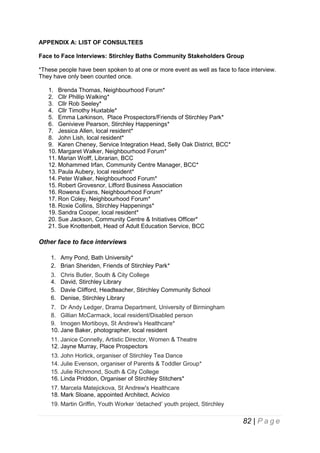 APPENDIX A: LIST OF CONSULTEES
Face to Face Interviews: Stirchley Baths Community Stakeholders Group
*These people have been spoken to at one or more event as well as face to face interview.
They have only been counted once.
1. Brenda Thomas, Neighbourhood Forum*
2. Cllr Phillip Walking*
3. Cllr Rob Seeley*
4. Cllr Timothy Huxtable*
5. Emma Larkinson, Place Prospectors/Friends of Stirchley Park*
6. Genivieve Pearson, Stirchley Happenings*
7. Jessica Allen, local resident*
8. John Lish, local resident*
9. Karen Cheney, Service Integration Head, Selly Oak District, BCC*
10. Margaret Walker, Neighbourhood Forum*
11. Marian Wolff, Librarian, BCC
12. Mohammed Irfan, Community Centre Manager, BCC*
13. Paula Aubery, local resident*
14. Peter Walker, Neighbourhood Forum*
15. Robert Grovesnor, Lifford Business Association
16. Rowena Evans, Neighbourhood Forum*
17. Ron Coley, Neighbourhood Forum*
18. Roxie Collins, Stirchley Happenings*
19. Sandra Cooper, local resident*
20. Sue Jackson, Community Centre & Initiatives Officer*
21. Sue Knottenbelt, Head of Adult Education Service, BCC

Other face to face interviews
1. Amy Pond, Bath University*
2. Brian Sheriden, Friends of Stirchley Park*
3.
4.
5.
6.

Chris Butler, South & City College
David, Stirchley Library
Davie Clifford, Headteacher, Stirchley Community School
Denise, Stirchley Library

7. Dr Andy Ledger, Drama Department, University of Birmingham
8. Gillian McCarmack, local resident/Disabled person
9. Imogen Mortiboys, St Andrew's Healthcare*
10. Jane Baker, photographer, local resident
11. Janice Connelly, Artistic Director, Women & Theatre
12. Jayne Murray, Place Prospectors
13. John Horlick, organiser of Stirchley Tea Dance
14. Julie Evenson, organiser of Parents & Toddler Group*
15. Julie Richmond, South & City College
16. Linda Priddon, Organiser of Stirchley Stitchers*
17. Marcela Matejickova, St Andrew's Healthcare
18. Mark Sloane, appointed Architect, Acivico
19. Martin Griffin, Youth Worker ‘detached’ youth project, Stirchley

82 | P a g e

 