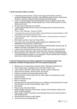 3. Some memories written on hands:














I remember swimming there. I’d like to see images of the baths in the 80s. I
remember Stirchley shops in the 80s. I want Stirchley shops to thrive. I’d like family
activities in Stirchley. Restored swimming baths and family spaces
I was in a swimming gala here representing 96th Scouts, probably in about 1983.
Great to keep the building. Would be great to turn it into a local museum. So much
history around here
We went every Friday with our 2 children
I used to drop the kids off into the pool, go shopping then we would all go home
again! (1970s)
"Sauna, Heat, Massage, Tuesdays, BLISS!"
"I remember the sauna in the late 1960s. Typical (Eastern European) Masseur. Staff
warming their lunch (pies) in the hot room"
"I learned to swim here in 1960 after a close shave. I nearly drowned in the sea at
Costa del Sol!"
Band leader was Den Jones from Kings Norton
The words 'merry xmas Stirchley' gently hanging from scaffolding in 2011.
Retweeted by the local police. Stirchleyness
Fond memories of taking my toddler swimming at Stirchley Baths 28 years ago. So
pleased it will have a new lease of life in the future
I used to swim here! Would love to bring my children here for fun and memories!
Met my husband 1962 every night as he swam here every day. Still going strong
Have lived here since I was born in 1974. I used to go swimming at Stirchley Baths
every Wednesday for as long as I can remember. It was a sad lose when it closed. I
would love to see the building used again!!

4. General Programming of activities suggested for the building (public, local
residents) non-Baths heritage (passed on to the programming group):
















Meeting room for support group. Dancing. Music. Rehearsal. Entertainment.
Free meeting space. Language lessons. Dancing! Theatre, films
Indoor market, craft fares, history stories, farmer’s market, meeting hall
Adult clubs and classes. Like book clubs, dancing etc…
Children’s activities and classes (after school ) café
Community links. Function rooms for hire. Café, crafts, live entertainment, adult
training courses
Baby and Toddler Groups
Big Fun. Dancing!
Hot desk office for local small business to use. Steeled commercial kitchen for small
food producers who don’t have premises. Hope – love
Kid’s space!
Places to play with other children
Karate classes, café, local music groups, concerts, adult education classes, kid's
clubs, no derelict building
Stay and play, children's activities, pushchair/baby friendly café, attractive décor in
café, toddler groups
Stirchley baths moments! zumba classes
Community art for all (especially me)

92 | P a g e

 