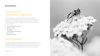International
Development Services
We have a keen eye for identifying promising concepts, and a proven
track record of launching them in new markets. From extensive research to
operations planning, Stirixis provides the support necessary to translate
and expand a good idea from one region to another. But our involvement
doesn’t end there;
	 Global development strategy
	 Roll-out strategy
	Franchising
	 International market research
	 Asset manual
	 Operations manual

More Markets.
Sometimes the grass really is greener on the other side. Stirixis helps you
identify future expansion opportunities and successfully deploy your business
concepts into new international markets. More markets, more customers,
more revenue streams, more profits. It’s all there, just across the border.

 