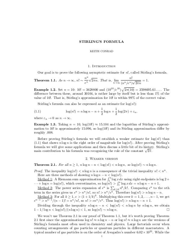 Stirling Theorem Stirling Theorem