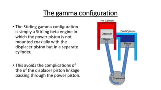 The gamma configuration
• The Stirling gamma configuration
is simply a Stirling beta engine in
which the power piston is not
mounted coaxially with the
displacer piston but in a separate
cylinder.
• This avoids the complications of
the of the displacer piston linkage
passing through the power piston.
 