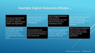 © 2015 by CreeseConsulting All rights reserved
All Users are expected to be
self-sufficient wherever
possible in a ‘digital by design
model’, reducing demand.
Employees specifically can use
the IT tools they need to be
effective in their roles,
including BYOD.
Service design and delivery is
led by an holistic
understanding of user need -
take-up of services and
intuitiveness are key.
Data and information are used
better for faster decision
making, IoT and ‘big data’ are
planned, and SIRO role
prioritised
IT teams (and IT ) become
more flexible, faster, lower
cost with more local
ownership and decision-
making around a common IT
core
Channels (delivery and
communications) are used in a
coherent and consistent way,
not in service silos
Digital literacy is established in
all areas with support and
coaching. ‘Digital innovation’
has space to take root
Digital maturity is understood
to be more than 'IT' and is
part of a prioritised service
strategy across the
organisation.
Example Digital Outcomes Maybe …
 