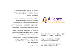 To solve the needs of Alliance, we brought
    together a unique team of problem-solvers
        expert in technology, strategy, systems
                           analysis and design.


      During our long-term partnership with the
        Alliance, we have delivered a range of
    communication and technological solutions
 that have simplified processes, reduced costs
and cut admin for the registration and awarding
  of hundreds of thousands of Apprenticeships.


  Due to our success in Scotland, we rolled-out
 this technology across the UK, saving all these
           skills organisations time and money.    TASK: CREATE INNOVATIVE TECHNOLOGY
                                                   TO SIMPLIFY COMPLEX PROBLEMS.
   The continuing evolution of our solution and
      its reporting is enabling Government and     SKILL COMBINATION: STRATEGY.
      major UK employers to forward plan their     INNOVATION. TECHNOLOGY.
                            skills requirements.
                                                   WE THINK: THAT FUNDAMENTALLY
                                 sscalliance.org   WE ARE PROBLEM-SOLVERS.
 