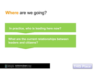 Where are we going?
In practice, who is leading here now?
THIS Place
What are the current relationships between
leaders and citizens?
In practice, who is leading?
 