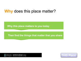 Why does this place matter?
Why this place matters to you today
THIS Place
Then find the things that matter that you share
THIS Place
 