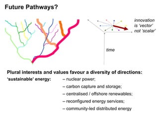 ‘ sustainable’ energy: – nuclear power; –  carbon capture and storage; –  centralised / offshore renewables; – reconfigured energy services; –  community-led distributed energy time innovation  is ‘vector’  not ‘scalar’ Plural interests and values favour a diversity of directions: Future Pathways? 
