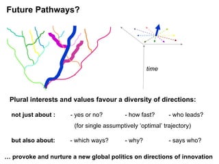 not just about :  - yes or no?  - how fast?  - who leads?   (for single assumptively ‘optimal’ trajectory) but also about:   - which ways? - why?  - says who? …  provoke and nurture a new global politics on directions of innovation time Plural interests and values favour a diversity of directions: Future Pathways? 