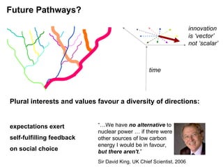 time innovation  is ‘vector’  not ‘scalar’ “… We have  no alternative   to   nuclear power … if there were    other sources of low carbon  energy I would be in favour,  but there aren't .”   Sir David King, UK Chief Scientist, 2006 ‘ sustainable’ energy: expectations exert self-fulfilling feedback on social choice Plural interests and values favour a diversity of directions: Future Pathways? 
