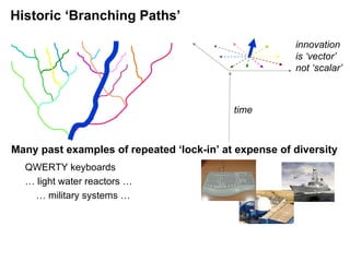 QWERTY keyboards …  light water reactors … …  military systems … Historic ‘Branching Paths’ Many past examples of repeated ‘lock-in’ at expense of diversity time innovation  is ‘vector’  not ‘scalar’ 