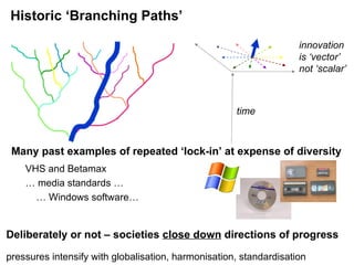 Many past examples of repeated ‘lock-in’ at expense of diversity VHS and Betamax …  media standards … …  Windows software… Deliberately or not – societies  close down  directions of progress pressures   intensify with globalisation, harmonisation, standardisation time innovation  is ‘vector’  not ‘scalar’ Historic ‘Branching Paths’ 