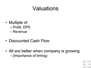 Valuations Multiple of  Profit, EPS Revenue Discounted Cash Flow All are better when company is growing (Importance of timing) 